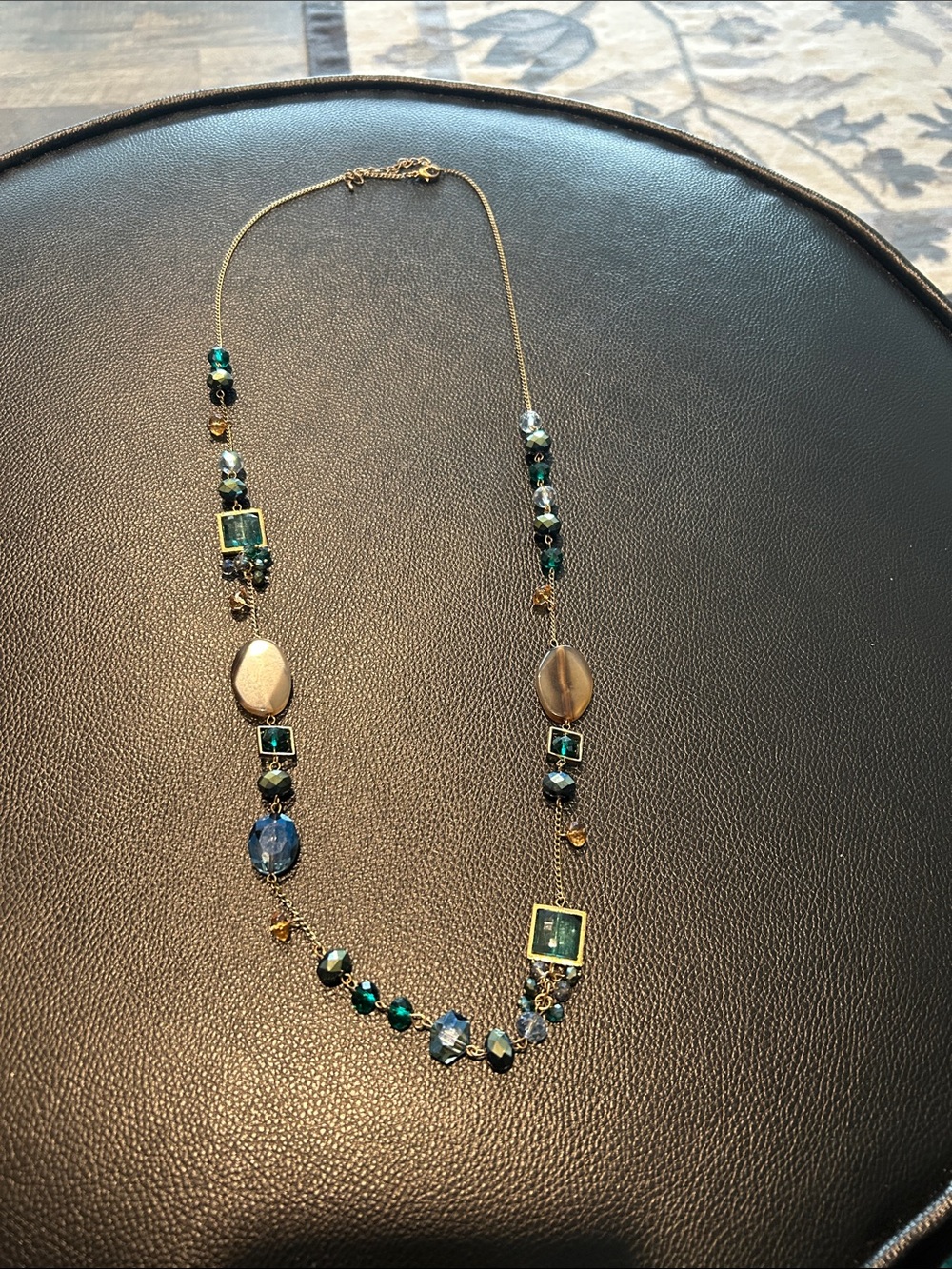 Long Gold-Tone Green and Blue Crystal and Agate Beaded Necklace